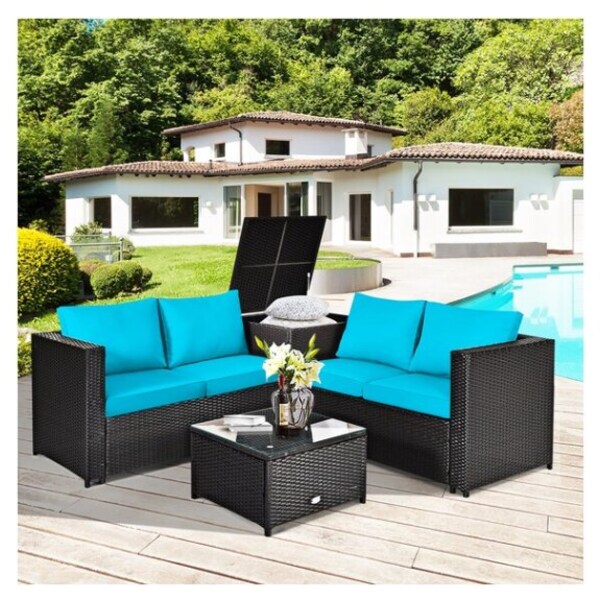 Kinbor 7PC Outdoor Sectional Sofa Set Rattan Wicker Patio Furniture Sofa with Washable Cushions & Modern Coffee Table Glass Top Red 
