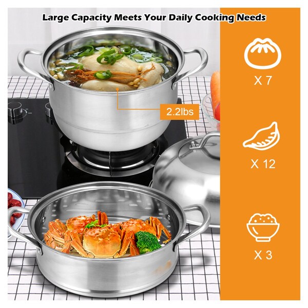 2-Layer Stainless Steel Cookware 11 Inch Steamer Pot Cooker Double Boiler Soup Steaming Pot Kitchen Cooker Household Steamer 