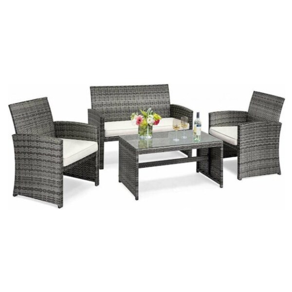 Wicker Coffee Table Conversation Set with Cushioned Seats for Garden Lawn Patio Furniture Set Yard Wicker Chairs Backyard Pool 4 PCS Rattan Wicker Sofas 