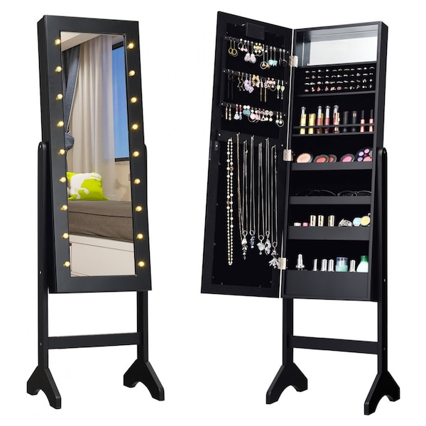 Wooden Mirror Jewellery Cabinet Armoired LED Lights Makeup Storage Free Stand 