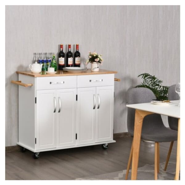Rolling Trolley on Wheels with Storage Drawer Kitchen Utility Island Cart w/Wood Top White Wine Racks and Cabinet 