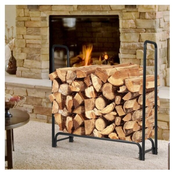 Kinbor 4-Foot Firewood Log Rack Outdoor Metal Fireplace Organizer Storage Black 