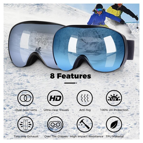 Men Black Stripe Frame Smoke Mirror Dual Lens Antifog Ski Snowboard Snow Goggles 
