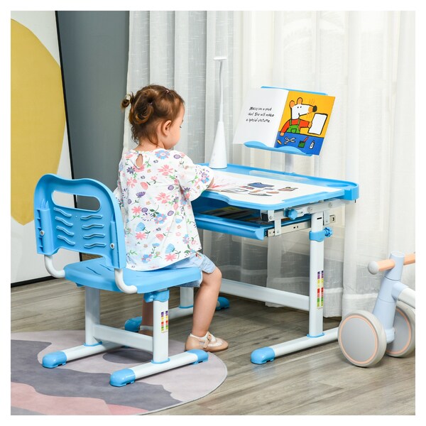 Reading and Drawing Height Adjustable Kids Desk And Chair Set Ergonomic Study School Writing Desk and Chair Set with Drawers,Ideal for Girls Boys Writing Blue 