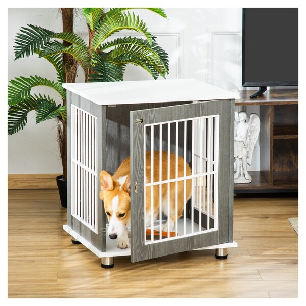 Coffee and White Pet Kennel with Door for Small and Medium Dogs Modern Wire Dog Crate PawHut 34'' Wooden Dog Cage Lock Adjustable Foot Pads 