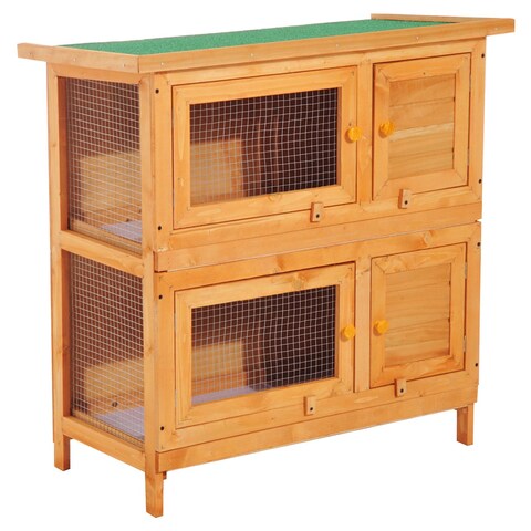 PawHut PawHut 2-Tier Wooden Rabbit Hutch Small Animal House Bunny Pet Cage  with 2 Main Rooms Sliding Tray Opening Top Yellow | No Frills Online