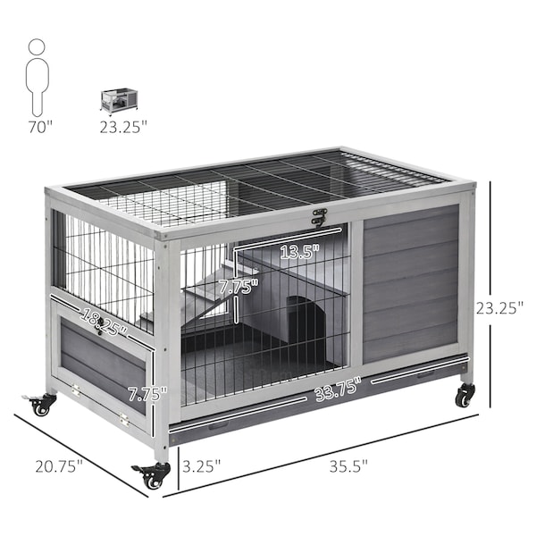 PawHut Wooden Rabbit Hutch Elevated Bunny Cage Indoor Small Animal Habitat with Enclosed Run with Wheels Ramp Removable Tray Ideal for Guinea Pigs 