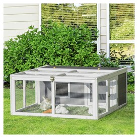 PawHut PawHut Wooden Rabbit Hutch Small Animal Cage Pet Run Indoor Outdoor  with Openable Roof and Water-repellent Paint Grey | Valumart