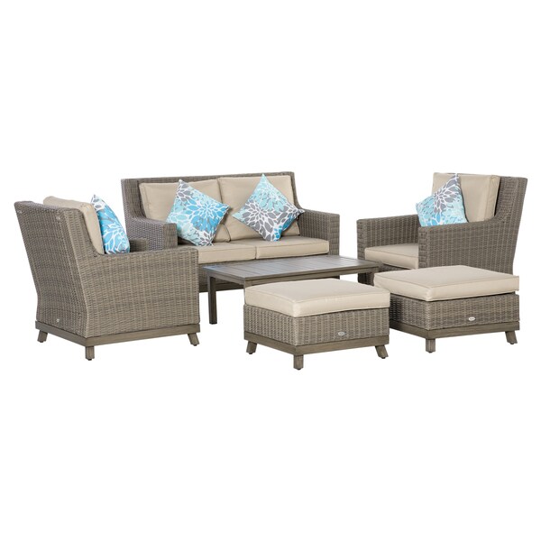 Outsunny 4pc Rattan Sofa Set Outdoor Wicker Coffee Table and Patio Seat Chair with Cushion Brownish Grey and Beige 