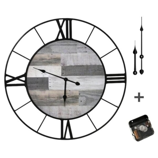 HOMCOM 32 Inch Large Wall Clock Silent Non Ticking Metal Farmhouse Roman  Numeral Clocks for Living Room Decor Battery Operated Black and Wood Grain