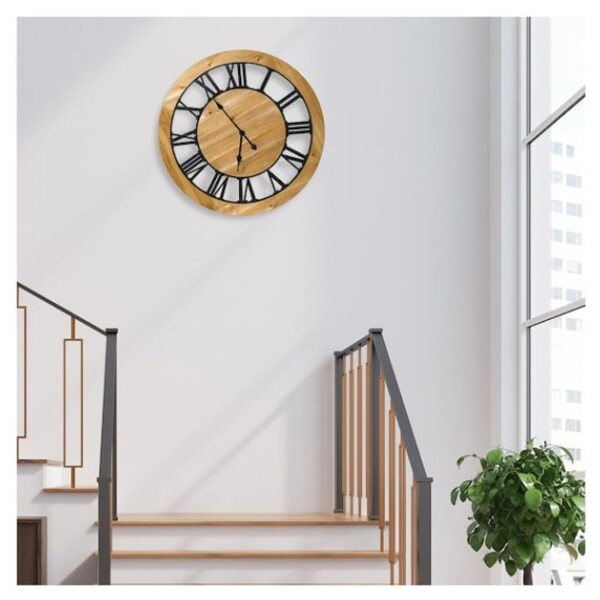 HOMCOM 30 Inch Large Wall Clock Silent Non Ticking Metal Wood Farmhouse  Roman Numeral Clocks for Living Room Decor Battery Operated Black and  Natural
