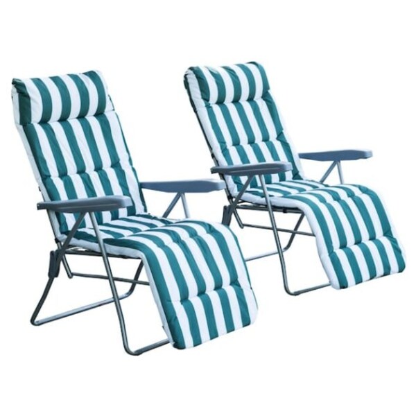 Outsunny Set of 2 Garden Sun Lounger Outdoor Reclining Seat Cushioned Seat Foldable Adjustable Recliner White and Green 