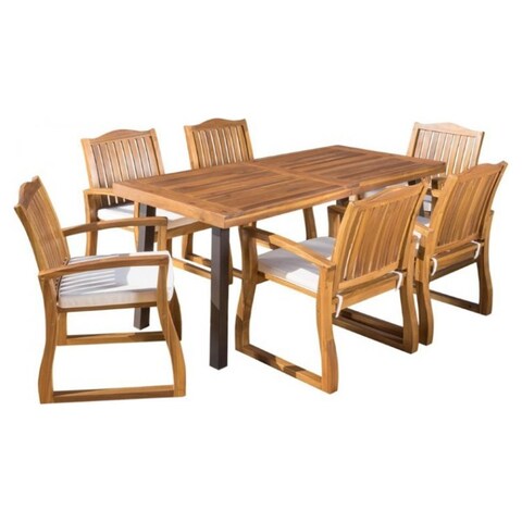 Outdoor Acacia Wood Dining Set In Teak, Noble House Della Rustic Metal And Gray Wood Outdoor Dining Table
