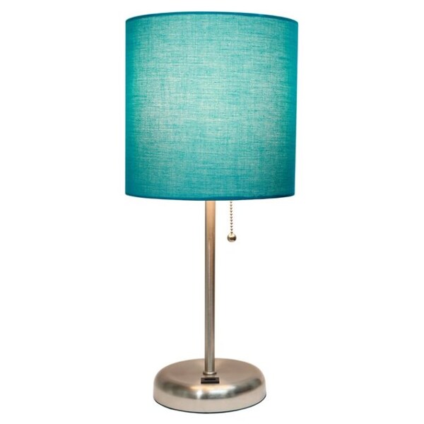 Brushed Steel/Teal Brushed Steel Stick Lamp with Charging Outlet and Teal Fabric Shade 2 Pack Set 4 Pack 