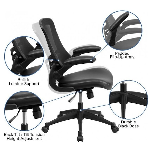 Mid-Back Black Mesh Swivel Office Task Chair with Leather Seat   BL-X-5M-LEA-GG 