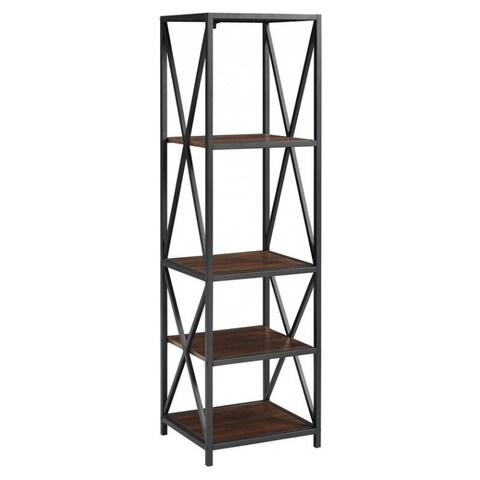 Pemberly Row Metal X Tower With Wood, Dark Walnut And Metal Bookcase