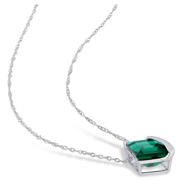 Amour 10k White Gold Created Emerald Square Pendant Necklace 
