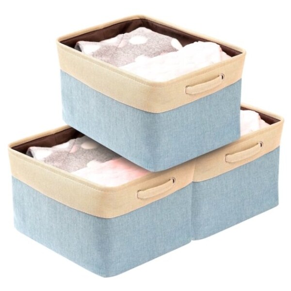 Fabric Storage Basket Set of 3 Foldable Linen Storage Box for Nursery and Home Collapsible Canvas Shelf Basket for Wardrobe or Bedroom Blue and White 