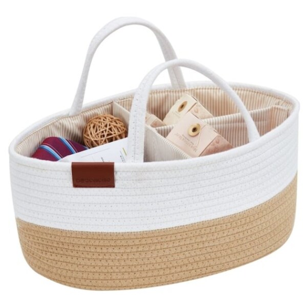 Premium Large Hand Woven Two Tone Rope Organizer Baby Rope Diaper Caddy Organizer Great Storage Organization Basket for Newborn Diapers Great Nursery Decor or Portable Baby Bag. 