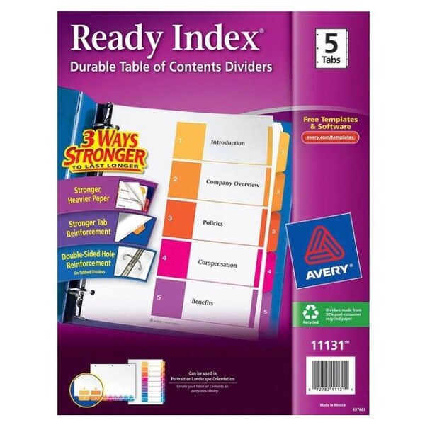 1 Set 5-Tabs 11130 Avery Ready Index Table of Contents Dividers 