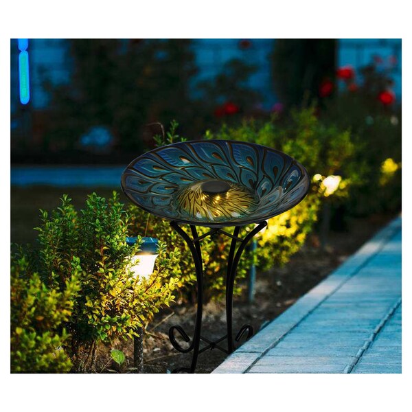 Hi-Line Gift 78415-E Solar Glass Peacock Feathers Bird Bath with Stand 