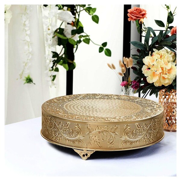 GOLD 18" wide Round Floral Embossed Cake Stand Cupcake Display Wedding Party 