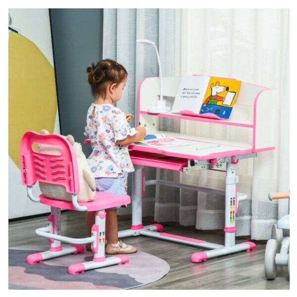 Height Adjustable Desk and Chair Set School Student Childs Kids Study Table Pink 