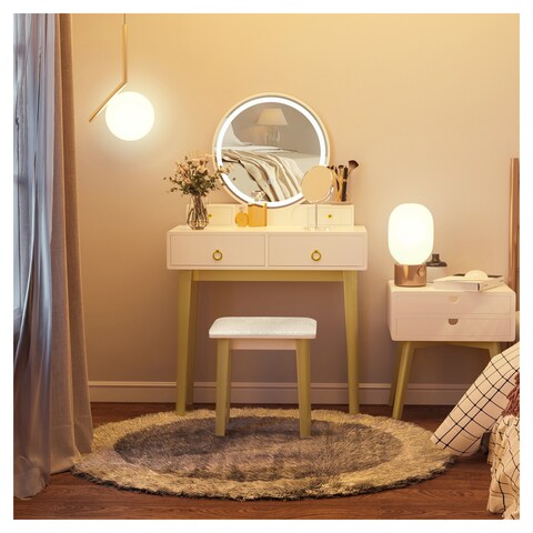 Makeup Vanity Set With Round Mirror, Dressing Table Mirror With Built In Lights