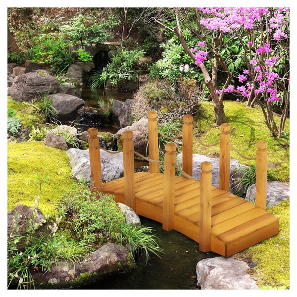 3.3ft Wooden Garden Bridge Arc Stained Finish Walkway with Half Wheeled Railings 