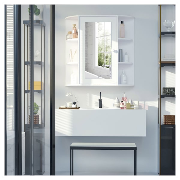 en.casa 58x56x13 White cm Bathroom Cabinet with Mirror Compartment Wall Rack 22.8x22x5.1 inches 