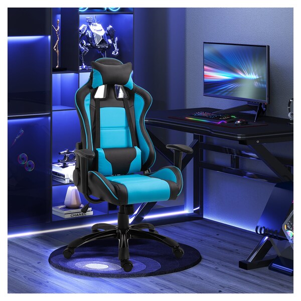 Gaming Chair Racing Office Chair PU Leather High Back Computer Desk Chair Ergonomic Swivel Chair with Headrest & Lumbar Support Blue 