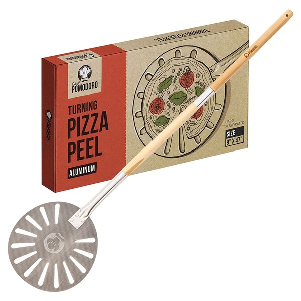 Gourmet Luxury Pizza Paddle for Baking Homemade Pizza Bread Chef Pomodoro Supreme Aluminum 9-Inch Turning Pizza Peel with Detachable Wood Handle for Easy Storage 47-Inch Long 